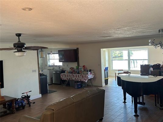 Interior, Kitchen, Pendant Lights, Piano, Wood Texture Flooring
