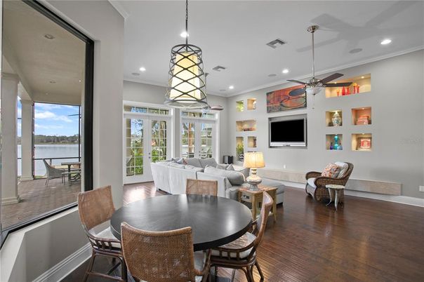 Dining room, Interior, Living room, Pendant Lights, Recessed Lighting, Water, Wood Texture Flooring