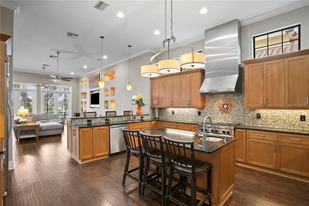Interior, Kitchen, Living room, Pendant Lights, Recessed Lighting, Stainless Steel Appliances, Wood Texture Flooring