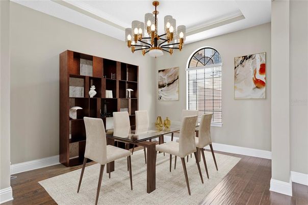 Chandelier, Dining room, Interior, Wood Texture Flooring