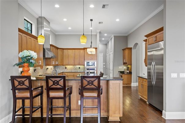 Interior, Kitchen, Pendant Lights, Recessed Lighting, Stainless Steel Appliances, Wood Texture Flooring