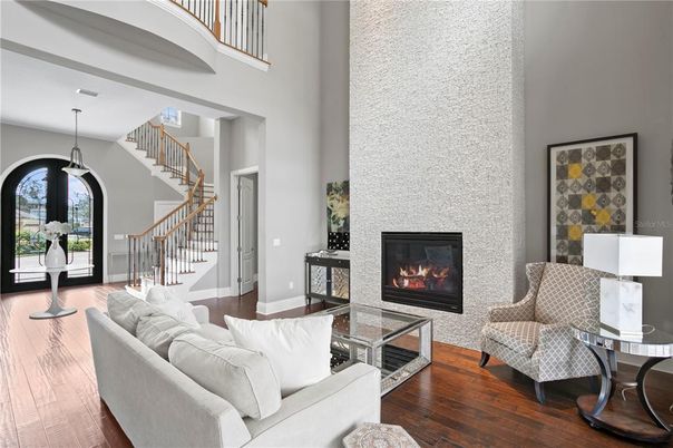 Fireplace, Interior, Living room, Pendant Lights, Wood Texture Flooring