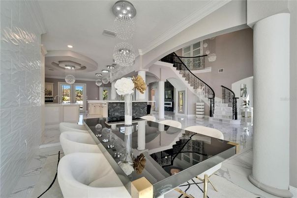 Chandelier, Dining room, Interior, Living room, Marble, Pendant Lights, Recessed Lighting