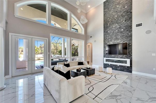 Fireplace, Interior, Living room, Marble, Recessed Lighting