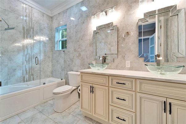 Bathroom, Dual Sink Vanities, Glass Shower, Interior, Marble Walls