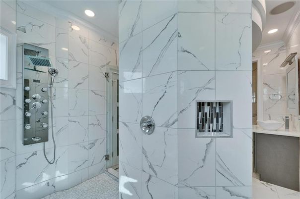 Bathroom, Glass Shower, Interior, Marble Walls, Recessed Lighting