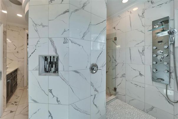 Bathroom, Glass Shower, Interior, Marble, Marble Walls, Recessed Lighting