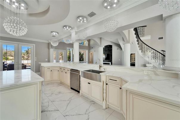 Chandelier, Interior, Kitchen, Marble, Pendant Lights, Stainless Steel Appliances