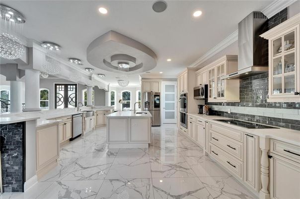 Interior, Kitchen, Marble, Pendant Lights, Recessed Lighting, Stainless Steel Appliances