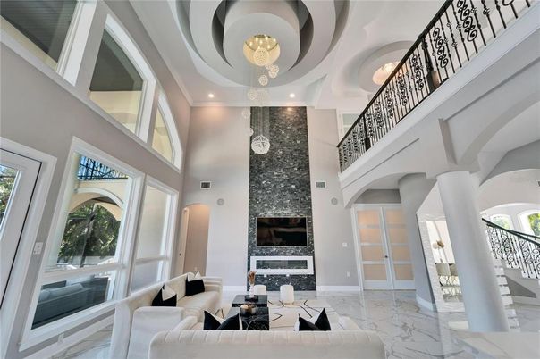 Fireplace, Interior, Living room, Marble, Recessed Lighting