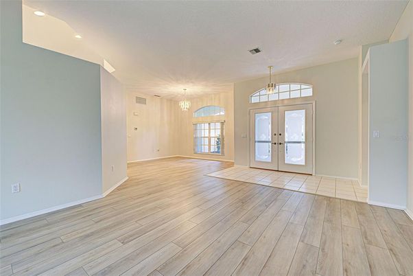 Chandelier, Empty room, Interior, Pendant Lights, Recessed Lighting, Wood Texture Flooring
