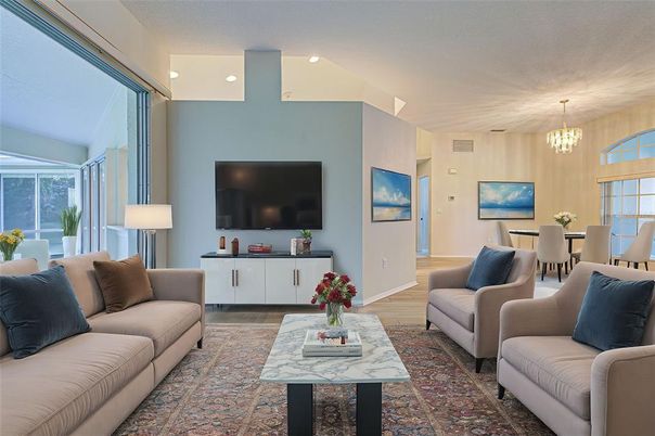 Chandelier, Dining room, Interior, Living room, Recessed Lighting, Wood Texture Flooring