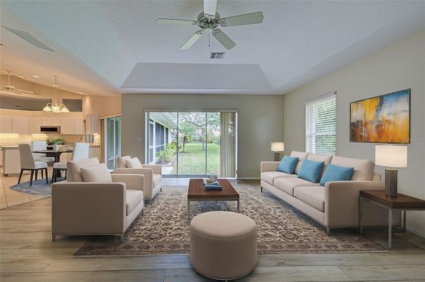 Dining room, Interior, Kitchen, Living room, Pendant Lights, Stainless Steel Appliances, Wood Texture Flooring