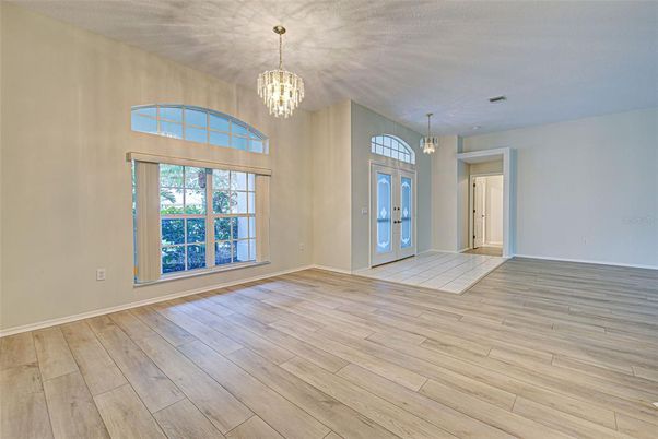 Chandelier, Empty room, Interior, Pendant Lights, Wood Texture Flooring