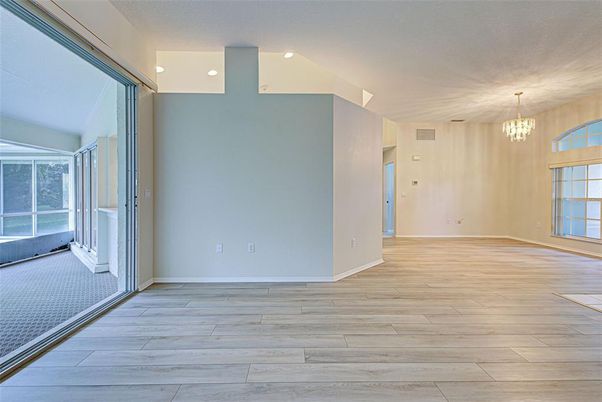 Chandelier, Empty room, Interior, Recessed Lighting, Wood Texture Flooring