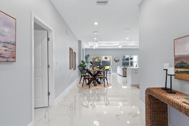 Dining room, Interior, Marble, Pendant Lights, Recessed Lighting