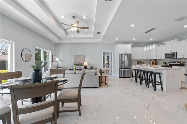 Dining room, Interior, Kitchen, Living room, Marble, Pendant Lights, Recessed Lighting, Stainless Steel Appliances