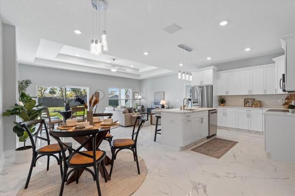 Dining room, Interior, Kitchen, Living room, Marble, Pendant Lights, Recessed Lighting, Stainless Steel Appliances