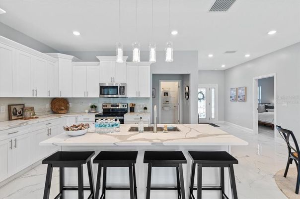 Interior, Kitchen, Marble, Pendant Lights, Recessed Lighting, Stainless Steel Appliances