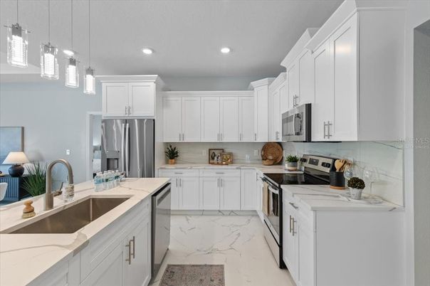 Interior, Kitchen, Marble, Pendant Lights, Recessed Lighting, Stainless Steel Appliances