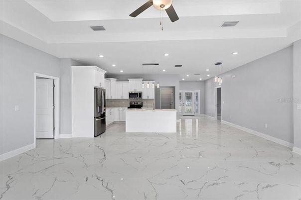 Interior, Kitchen, Marble, Pendant Lights, Recessed Lighting, Stainless Steel Appliances