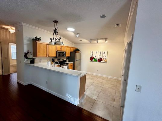 Interior, Kitchen, Pendant Lights, Recessed Lighting, Wood Texture Flooring