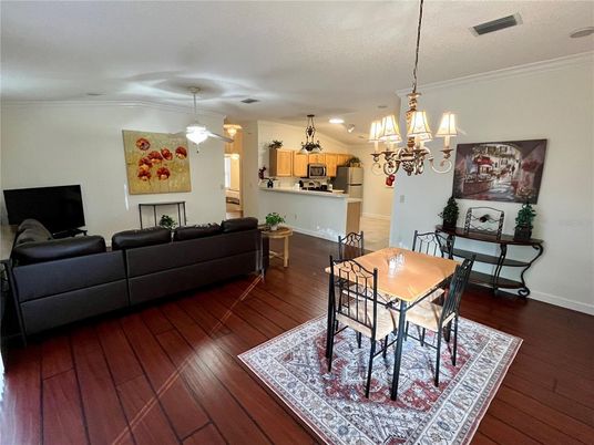 Chandelier, Dining room, Interior, Kitchen, Living room, Pendant Lights, Wood Texture Flooring