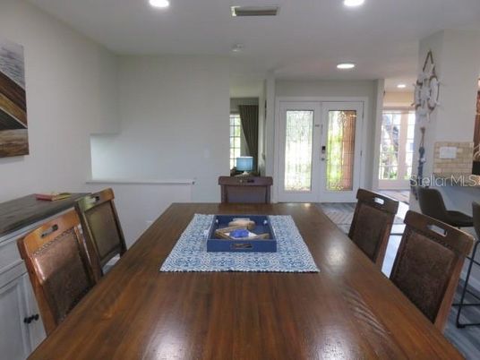 Dining room, Interior, Recessed Lighting, Wood Texture Flooring