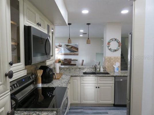 Interior, Kitchen, Pendant Lights, Recessed Lighting, Stainless Steel Appliances, Wood Texture Flooring
