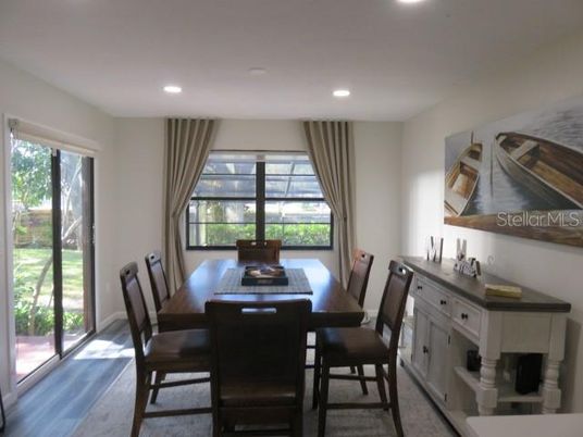 Dining room, Interior, Recessed Lighting, Wood Texture Flooring