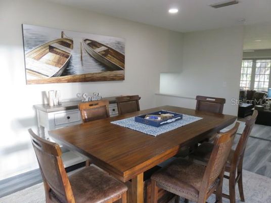 Dining room, Interior, Recessed Lighting, Wood Texture Flooring