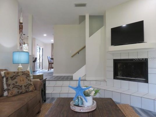 Fireplace, Interior, Recessed Lighting, Wood Texture Flooring