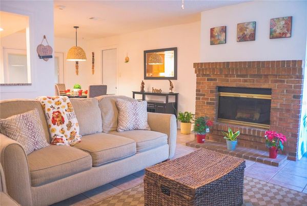Dining room, Fireplace, Interior, Living room, Pendant Lights, Stone Walls