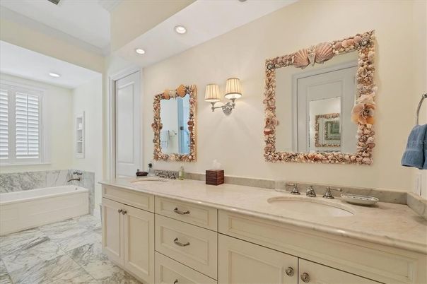 Bathroom, Dual Sink Vanities, Interior, Marble, Recessed Lighting