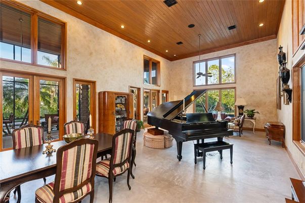 Dining room, Interior, Pendant Lights, Piano, Recessed Lighting, Wooden Ceilings