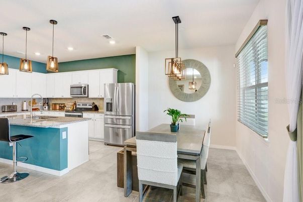 Dining room, Interior, Kitchen, Pendant Lights, Recessed Lighting, Stainless Steel Appliances