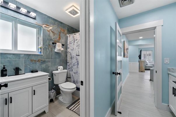 Bathroom, Interior, Recessed Lighting, Wood Texture Flooring