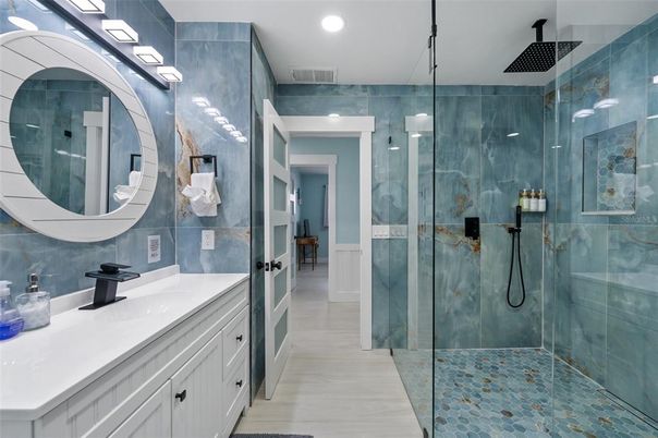Bathroom, Dual Sink Vanities, Glass Shower, Interior, Recessed Lighting