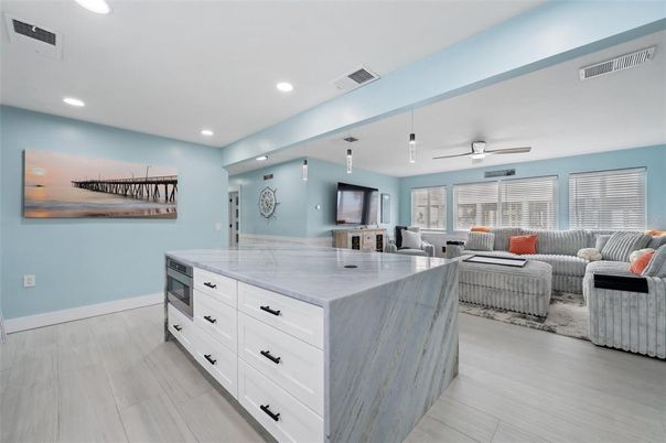 Interior, Kitchen, Living room, Pendant Lights, Recessed Lighting, Wood Texture Flooring