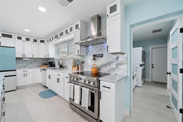 Interior, Kitchen, Marble Walls, Recessed Lighting, Wood Texture Flooring
