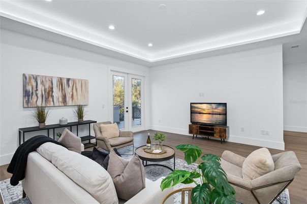Interior, Living room, Recessed Lighting, Wood Texture Flooring