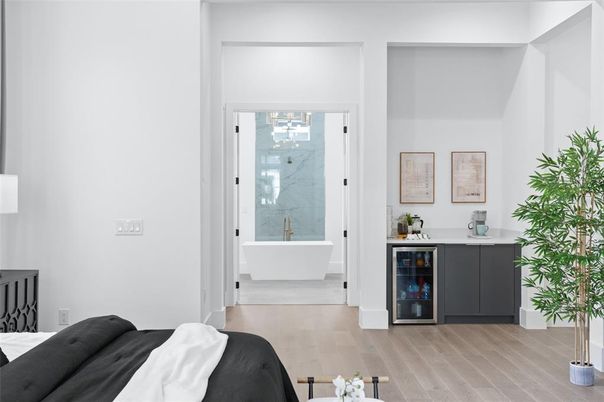 Bathroom, Free Standing Baths, Interior, Marble Walls, Wood Texture Flooring