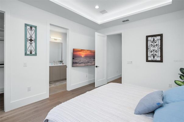 Bedroom, Interior, Recessed Lighting, Water, Wood Texture Flooring