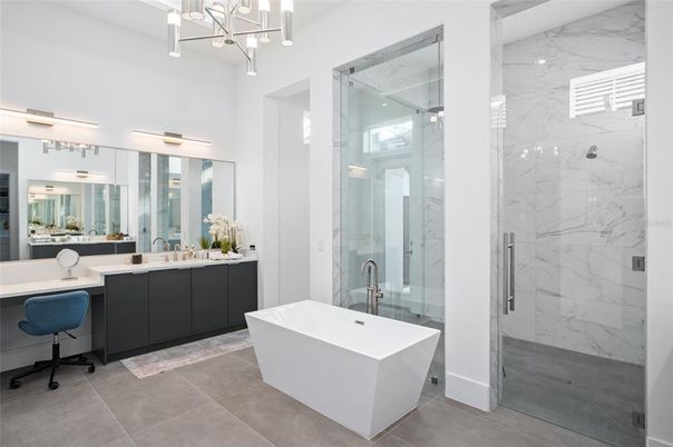 Bathroom, Dual Sink Vanities, Free Standing Baths, Glass Shower, Interior, Marble Walls