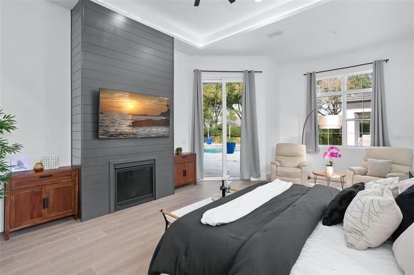 Fireplace, Interior, Living room, Recessed Lighting, Wood Texture Flooring