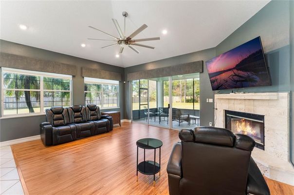 Fireplace, Interior, Living room, Recessed Lighting, Wood Texture Flooring