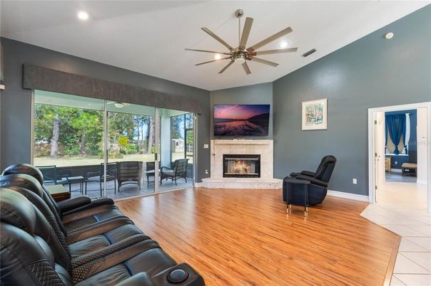 Home Theatre Room, Fireplace, Interior, Living room, Recessed Lighting, Wood Texture Flooring