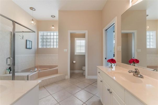 Bathroom, Dual Sink Vanities, Glass Shower, Interior, Pendant Lights