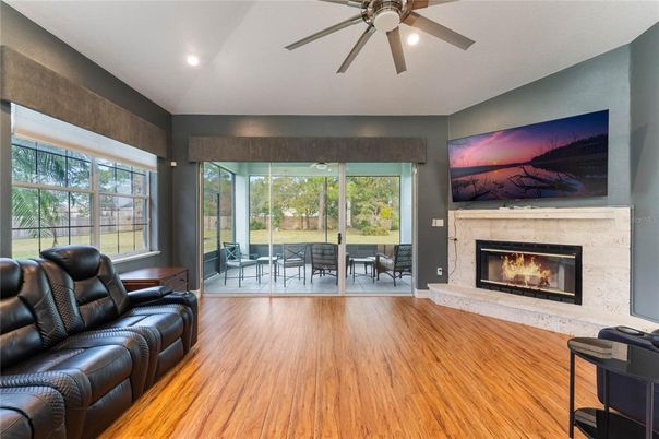 Fireplace, Interior, Recessed Lighting, Wood Texture Flooring