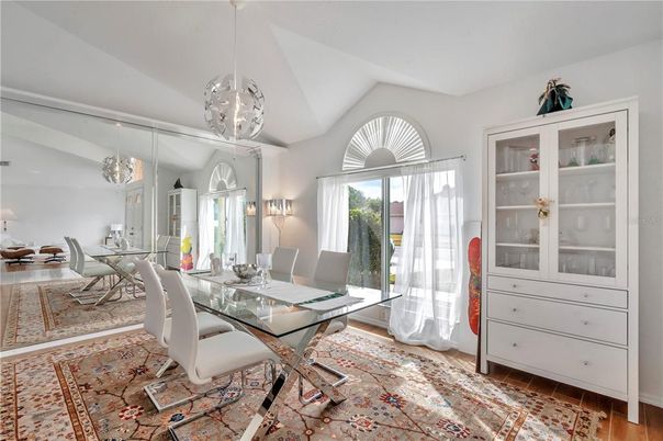 Dining room, Interior, Pendant Lights, Wood Texture Flooring